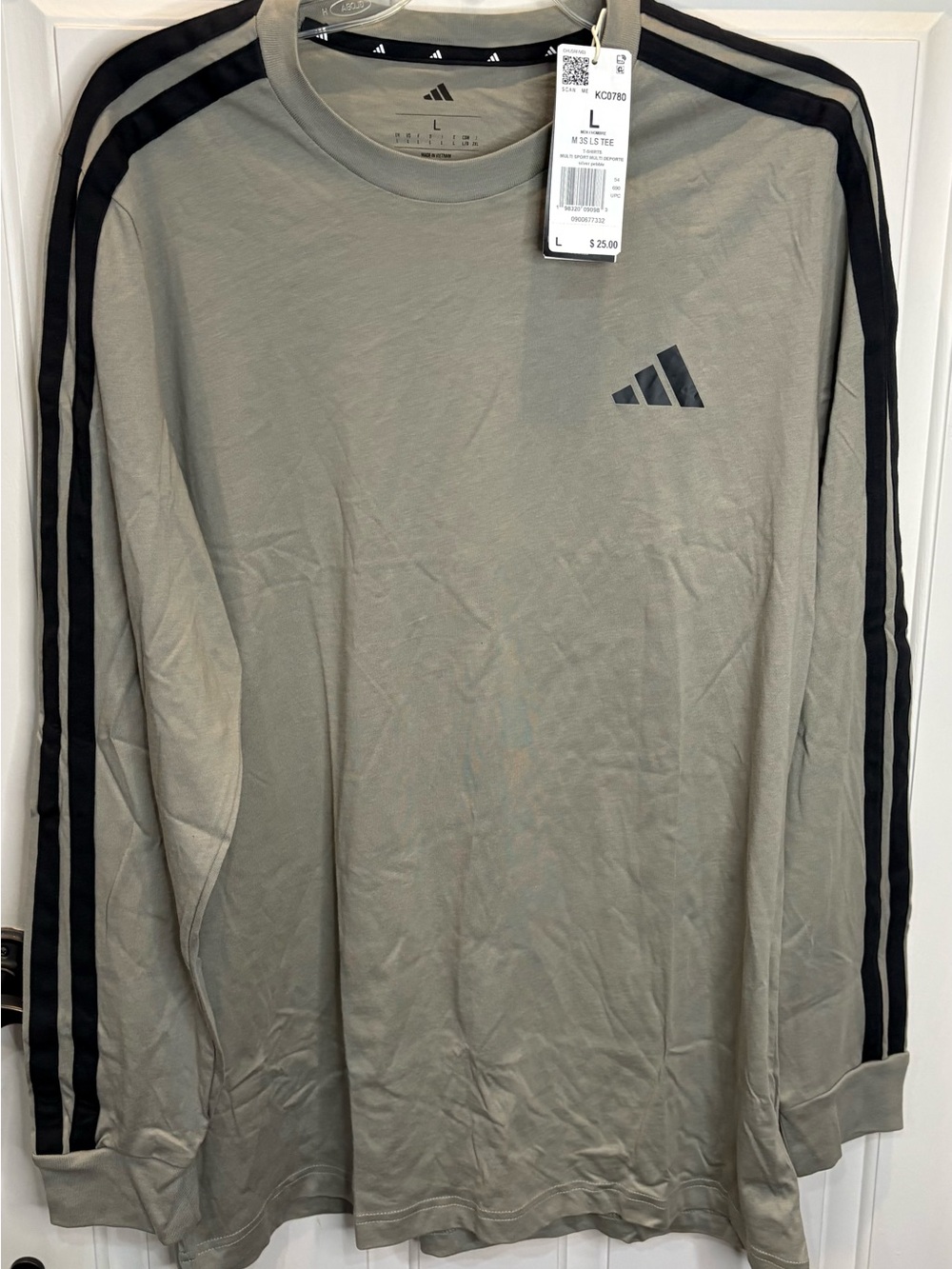 Adidas 3-Stripes Men’s Long Sleeve Crew Neck Cotton Tee L Gray/Black KC0780
